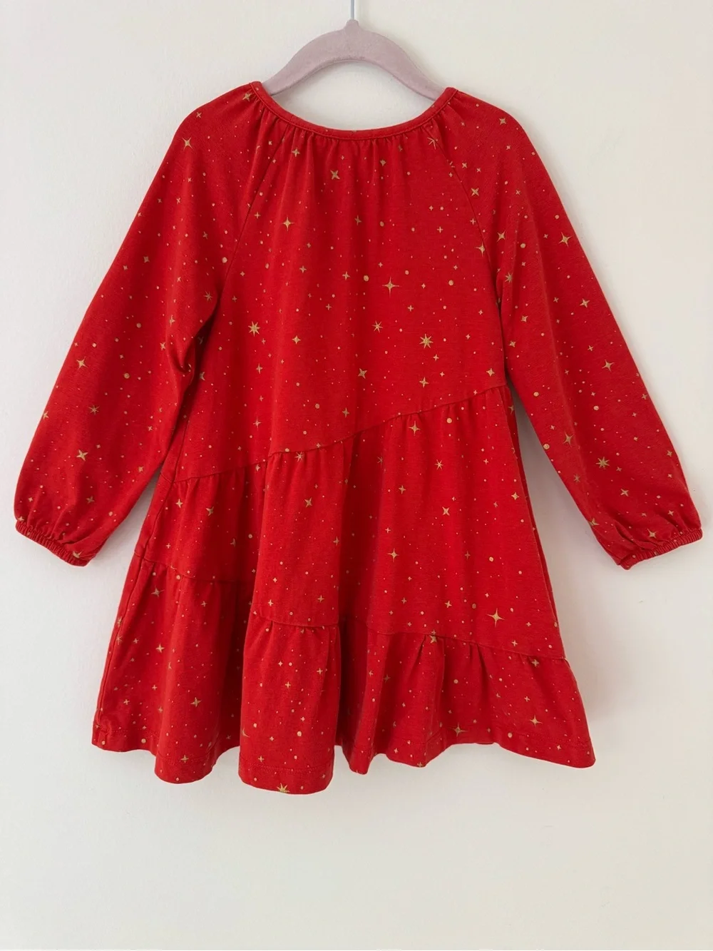 Hanna Andersson Red and Gold Long Sleeve Sparkle Tiered Dress, Size 4